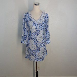 Land's End Tunic Dress Swim Cover up Blue White V Neck Size S 6-8 3/4 Sleeves